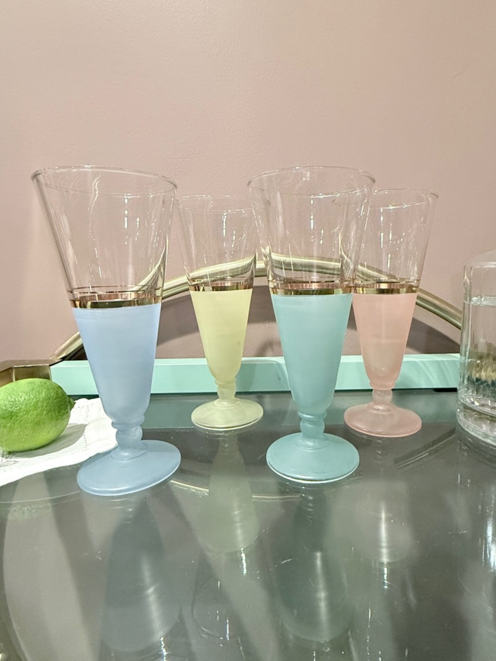 Vintage Optic Ice Tea Pilsner MCM Flutes Frosted Pastel Stems Gold Band Glasses